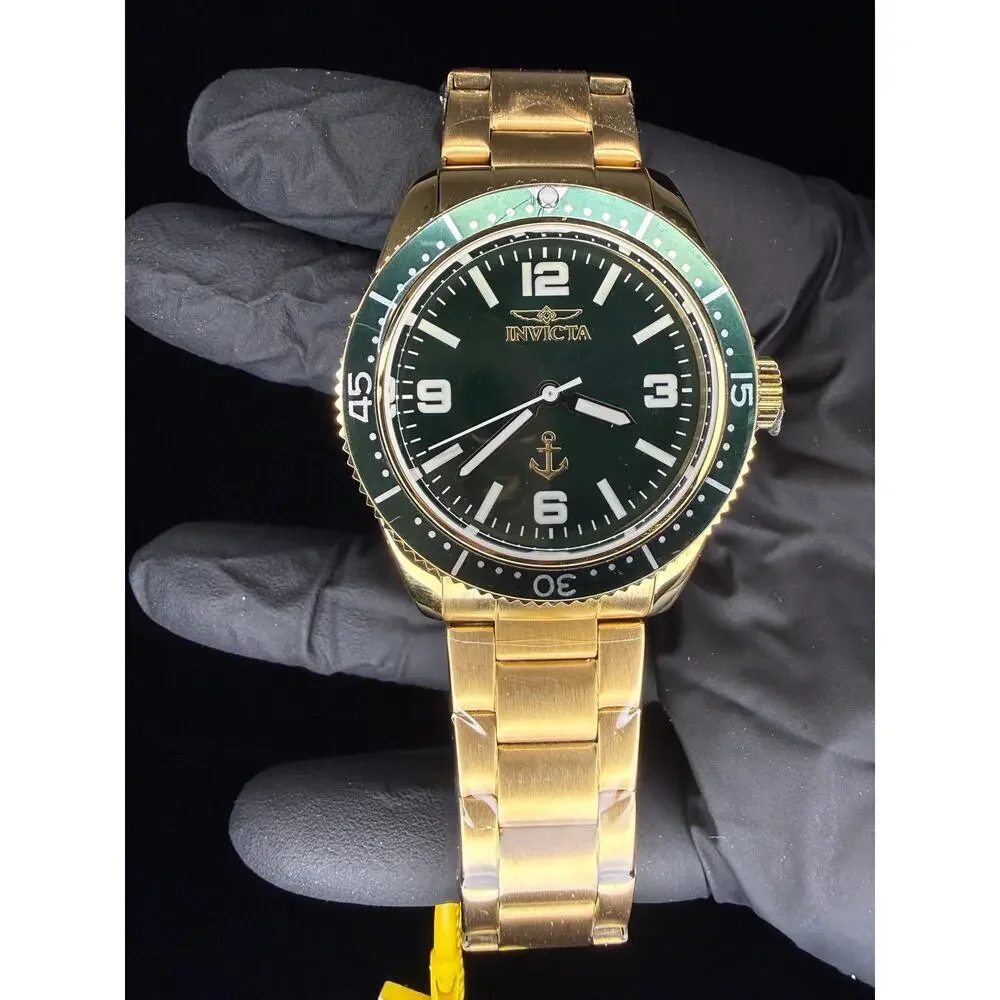 Invicta Pro Diver Watch Men 38mm Gold Green Bezel Dial Anchor Stainless Steel